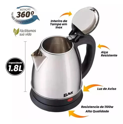 Chaleira Elétrica Aço Inox Café Bule 1,8 Litros Profissional