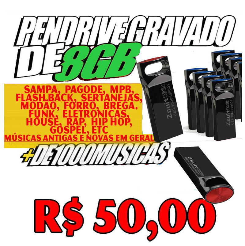 Pendrive Gravado 8GB + de 1000 Musicas.