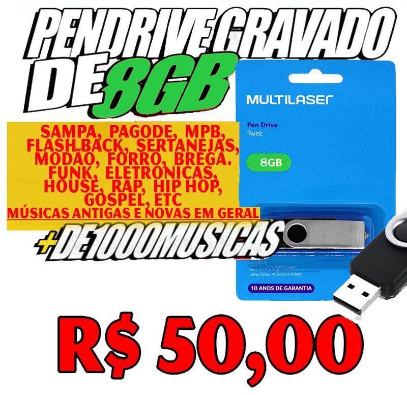 Pendrive Gravado 8GB + de 1000 Musicas.